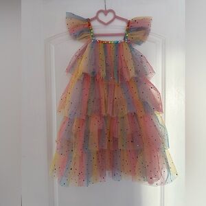 Lola + The Boys Multicolor Ombré Tulle Layered Dress With Gemstones